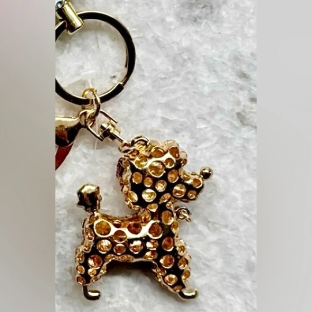 New Pink & Clear Rhinestone French Poodle Dog Gold Tone Purse Charm Keychain
